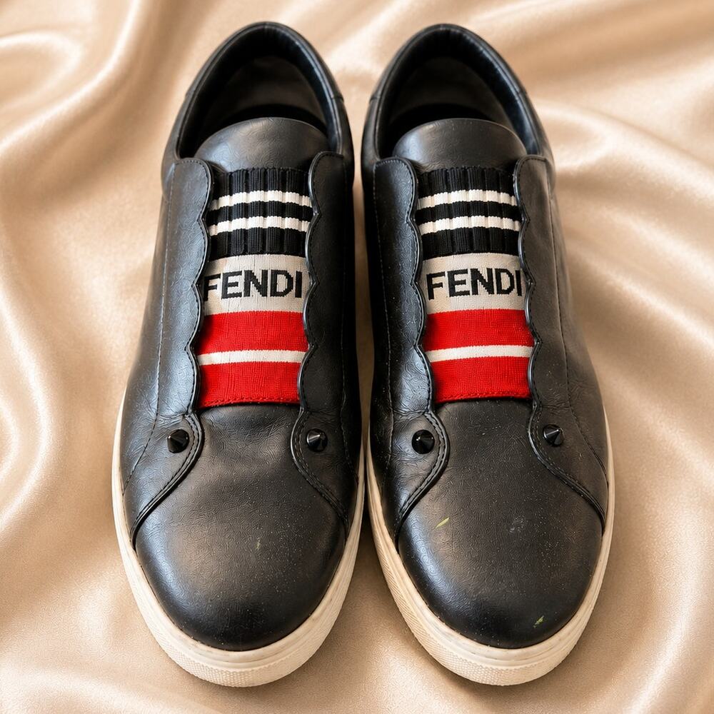 Fendi Slip-On Rockoko Sneakers Black Leather Red Stripe EU 40 US 10 Dust Bags